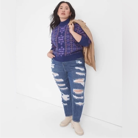 LANE BRYANT UEC Size 14/16 Long-Sleeve Mock-Neck Jacquard Cropped Sweater Blue - Picture 3 of 13